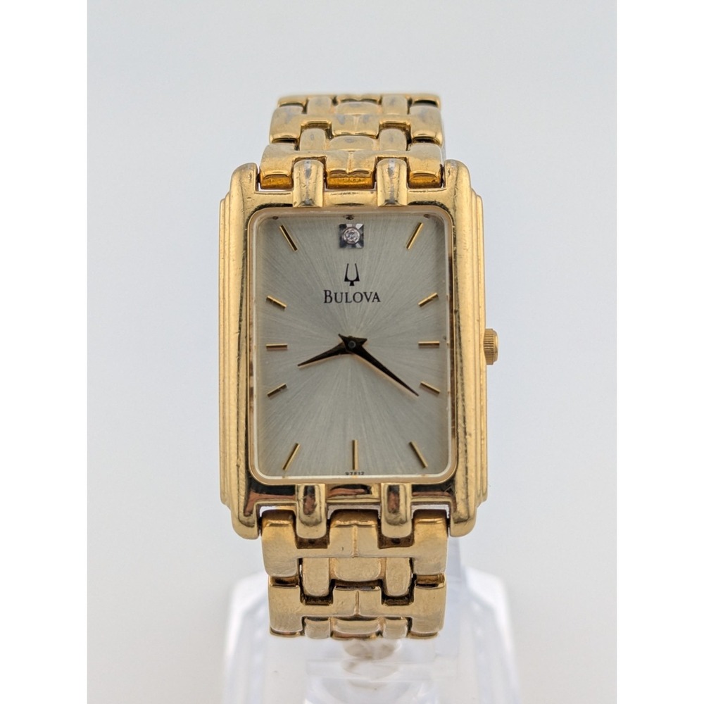 Bulova Tank Watch 26mm Gold Tone Rectangle 97F12 New Battery 6.5" Wrist